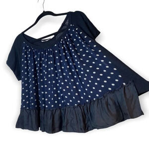HACHE Wool  Navy Blue Polka Dot Loose Fit Ruffle Hem Top